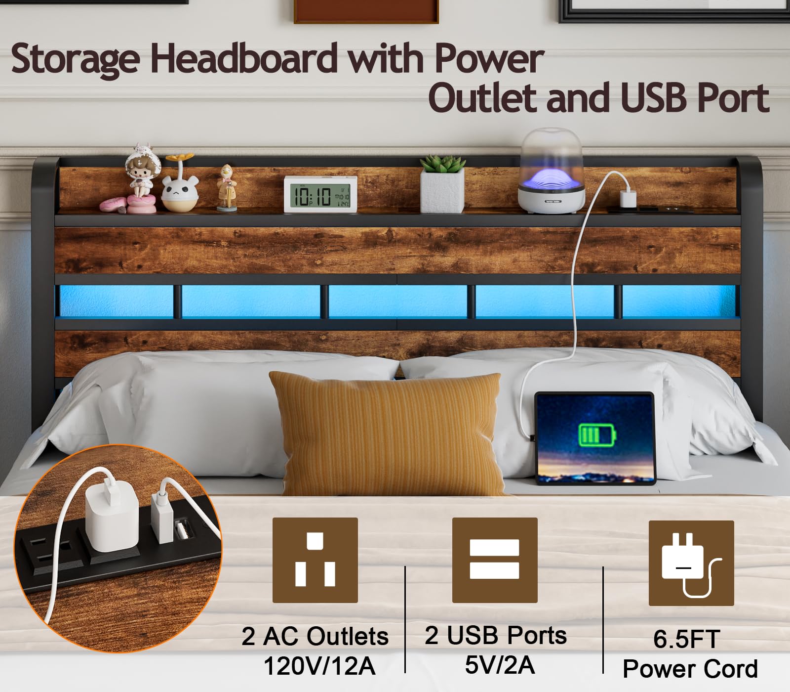 Furnulem Rustic Queen Headboard with Storage, LED Light & Charging Station - WoodArtSupply