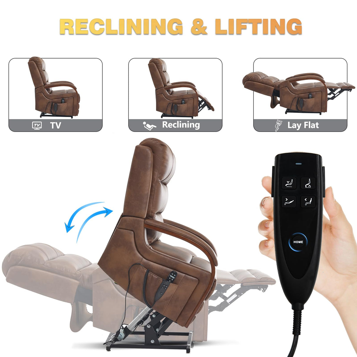 Dual Motor Power Lift Recliner Chair, Lift Chair with Massage and Heat for Elderly, Lay Flat Recliner, Standing Assistance, Infinite Position Reclining, Living Room Chair, Faux Leather, Brown Trustyue