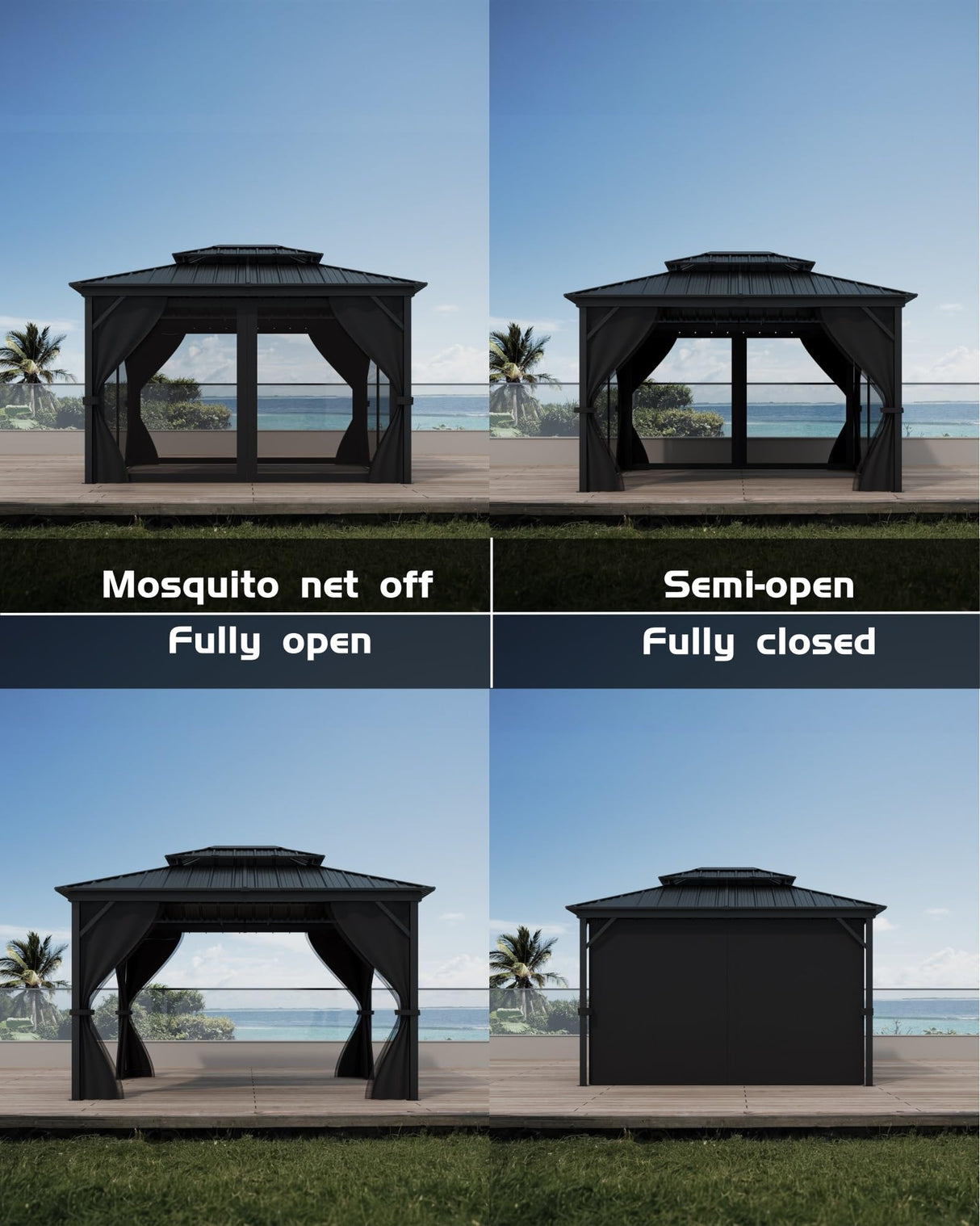 GarveeLife Hardtop Gazebo 10'x14' for All Weather, with Double Metal Roof, Aluminum Alloy Frame, Net, and Curtain, Permanent Building for Patio, Deck, Backyard, Lawn, and Garden, Gray GarveeLife