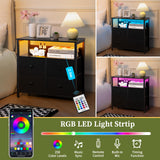 Yoobure Night Stand with Charge Station, Nightstand with 4 Drawers Bedside Table, LED Dresser with Storage Shelf, Night Stands for Bedroom, Side Table 3-Tier Wood End Table for Home, Office Black Yoobure