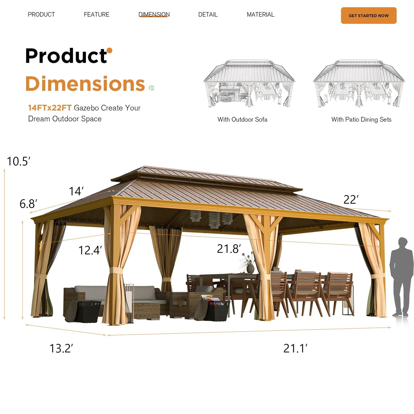 EROMMY 14' x 22' Gazebo, Hardtop Gazebo Wood-Looking Gazebo with Galvanized Steel Double Roof, Aluminum Frame, Outdoor Patio Hardtop Gazebo with Netting and Curtains for Deck, Backyard, Patio, Lawns