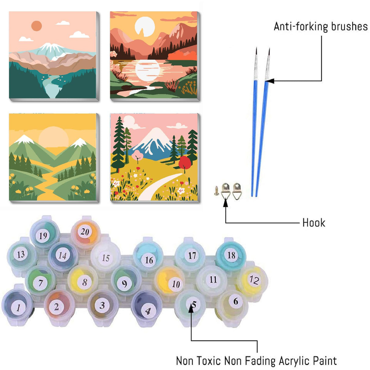 FQOVKYN 4 Packs Paint by Numbers Kit for Adults with Frame, DIY Landscape Adult's Paint by Number on Canvas, Mountain Oil Painting Kits for Home Wall Decor 8x8 Inch FQOVKYN