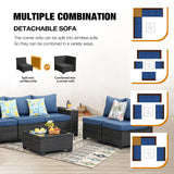 JOYURE 8 Pieces Patio Furniture Set All-Weather Outdoor Wicker Sectional Conversation Sofa Rattan Patio Seating Sofa with Cushion and Glass Table for Porch Poolside,Navy JOYURE