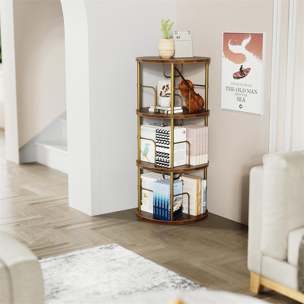 Sleek Gold 3-Tier Rotating Bookshelf with 360° Display and Partition Storage ALLSTAND