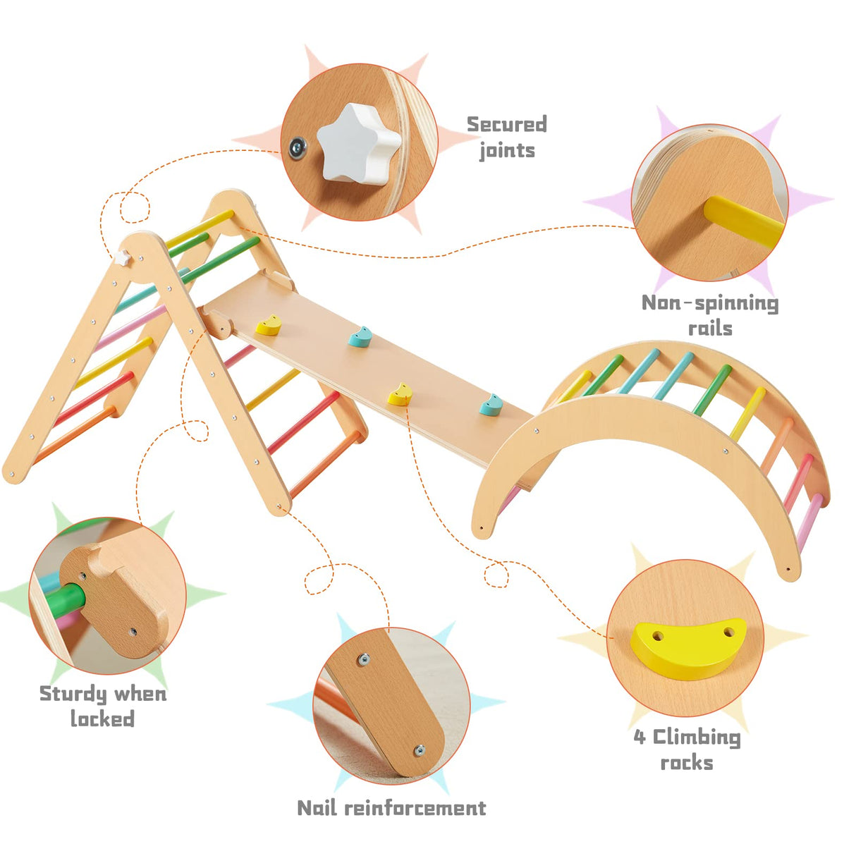 Beright 4 in 1 Pikler Triangle Gym, Montessori Foldable Climber with Ramp, Indoor Climbing Toys for Kids, Climbing Triangle for Toddlers Arch Climber, Rocker, Learning Waldorf Children Toy, Rainbow Beright