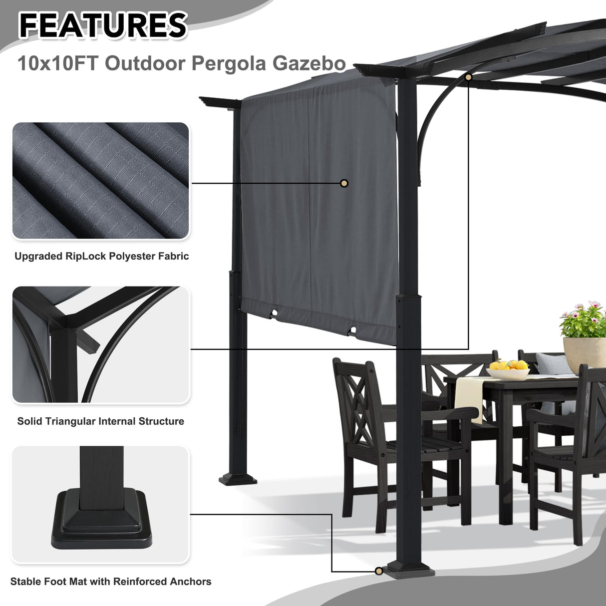 MASTERCANOPY 10x10ft Outdoor Retractable Pergola with Sun Shade Canopy Patio Metal Garden Pergola,Dark Grey MASTERCANOPY