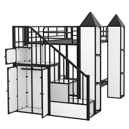 Harper & Bright Designs Twin Over Twin Metal Bunk Bed with Stairs and Storage Wardrobe, Castle-Shaped Bunk Bed Heavy-Duty Steel Frame, Noise Free,for Kids Teens Adults, Black+White