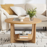 BECHAEO 31.5'' Round Coffee Table with Solid Wood Pine Legs, 2-Tier Retro Round Coffee Table with Storage Shelf, Small Modern Wood Circle Coffee Table Boho Round Center Table for Living Room (Natural)