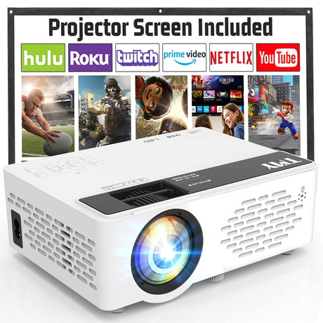 TMY Mini Projector, Upgraded Bluetooth Projector with Screen, 1080P Full HD Portable Projector, Movie Projector Compatible with TV Stick Smartphone/HDMI/USB, indoor & outdoor use TMY