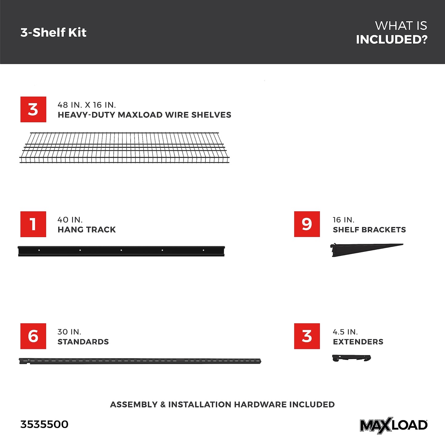 ClosetMaid MaxLoad Heavy Duty Wall Shelf Kit for Garage, 3 Shelves, Adjustable ShelfTrack Wire Shelving, Black Finish