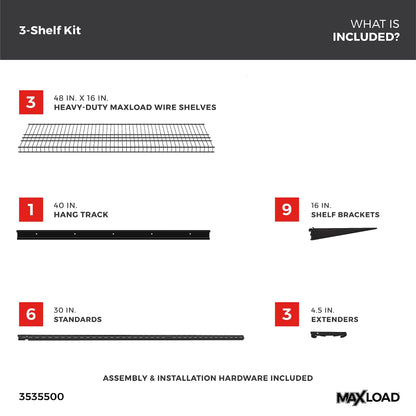 ClosetMaid MaxLoad Heavy Duty Wall Shelf Kit for Garage, 3 Shelves, Adjustable ShelfTrack Wire Shelving, Black Finish