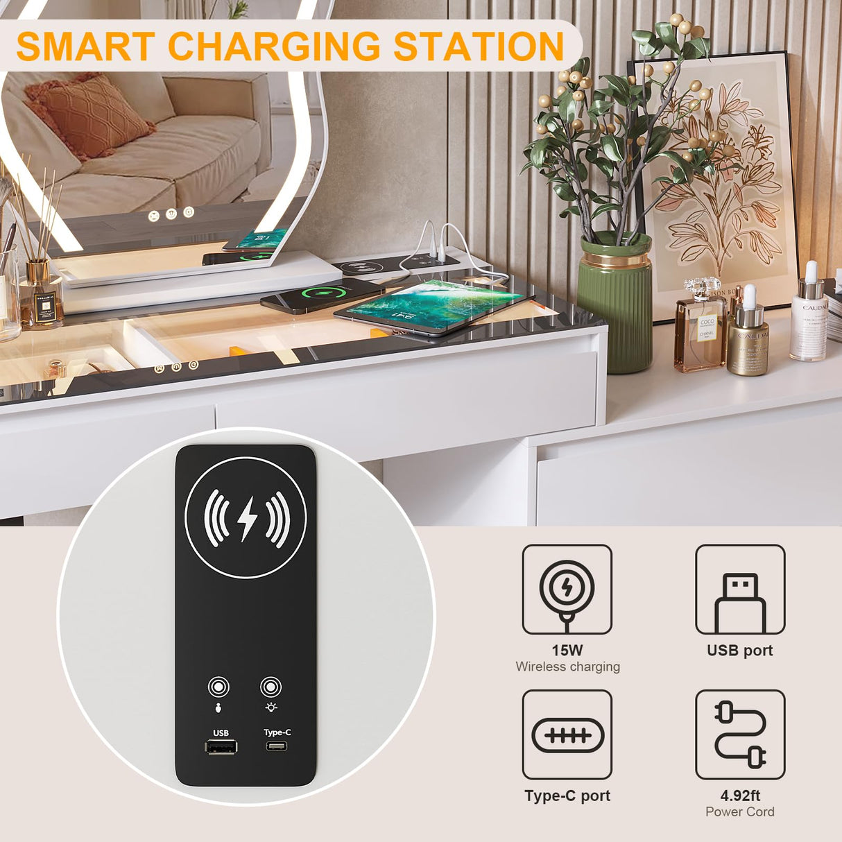 MIIFUNY Corner Vanity Desk with Mirror and Lights, Makeup Vanity with Charging Station, Extendable Dressing Table with Drawers and Dresser for Women Girls, White MIIFUNY