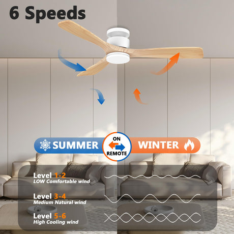 52 Inch Smart Flush Mount Ceiling Fans with Lights Remote,Wood Outdoor Indoor Ceiling Fan,WIFI Alexa App Control,Quiet DC Motor,Modern Low Profile Fan LED Lighting for Bedroom Patio,White & Light Wood Lorpies