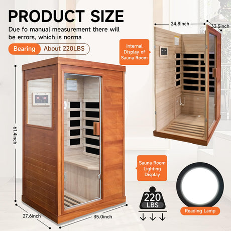 One/Single Person Sauna Far Infrared Oguman Wood Saunas Room with Red Light Therapy Home Wood Spa Dry Saunas Single Person Spa Beauty of Natural Wood 27.6"x35.2"x61.6" Light Brown cabirty