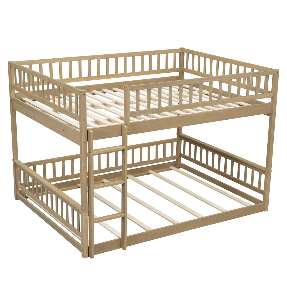 Merax Queen Over Queen Bunk Bed for Teens Adults, Wooden Floor Bunk Beds with Ladder and Guardrails for Guestroom Dormitory, No Box Spring Needed, Natural Merax