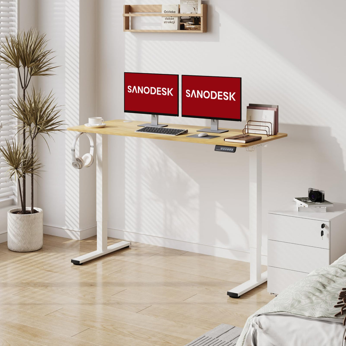 SANODESK Electric Standing Desk 63x28 Inch Height Adjustable Stand Up Desk Home Office Computer Workstation Sit Stand Home Office Desk with Splice Board (White Frame + Maple Top) SANODESK