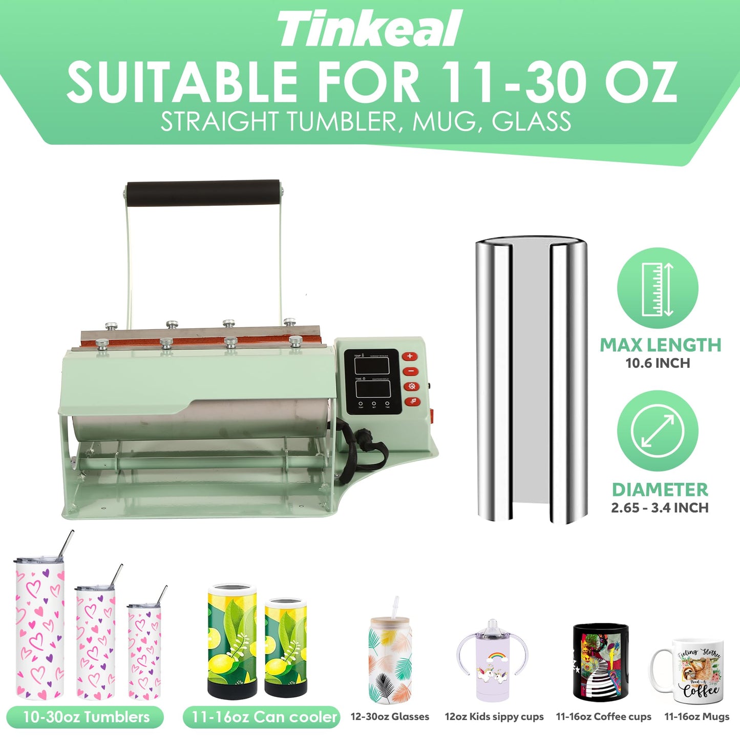 Tinkeal Tumbler Heat Press Machine for Sublimation Mug Heat Press Machine 11-30 OZ Auto Timer Heat Transfer Vinyl Mug Press with Temp&Time Setting（Green） - WoodArtSupply