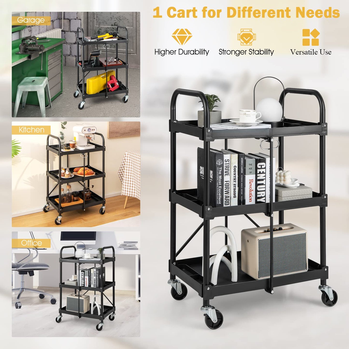 Goplus Folding Utility Cart, 3-Tier Rolling Tool Cart w/Lockable Wheels, 300LBS Capacity, Divided Storage Compartments, Collapsible Metal Service