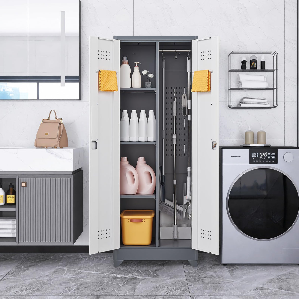 65"H Broom Closet Storage Cabinet, Utility Closet for Brooms and Mops, Cleaning Metal Storage Cabinet with Pegboard and Hanging Rod, Broom Closet with Doors and Adjustable Shelves，Garage，Grey-White SAFEFEVER