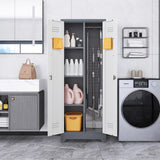 65"H Broom Closet Storage Cabinet, Utility Closet for Brooms and Mops, Cleaning Metal Storage Cabinet with Pegboard and Hanging Rod, Broom Closet with Doors and Adjustable Shelves，Garage，Grey-White SAFEFEVER