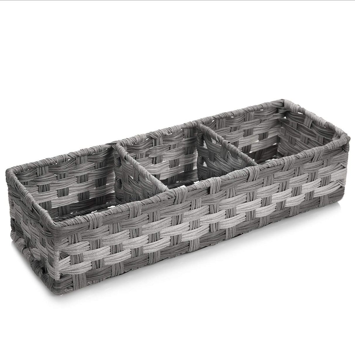 [Larger Compartments] Toilet Tank Topper Paper Basket - Multiuse Hand Woven Plastic Wicker Basket with Divider for Organizing, Rustic Farmhouse Bathroom Decor, Countertop Organizer Storage, Grey AOZITA