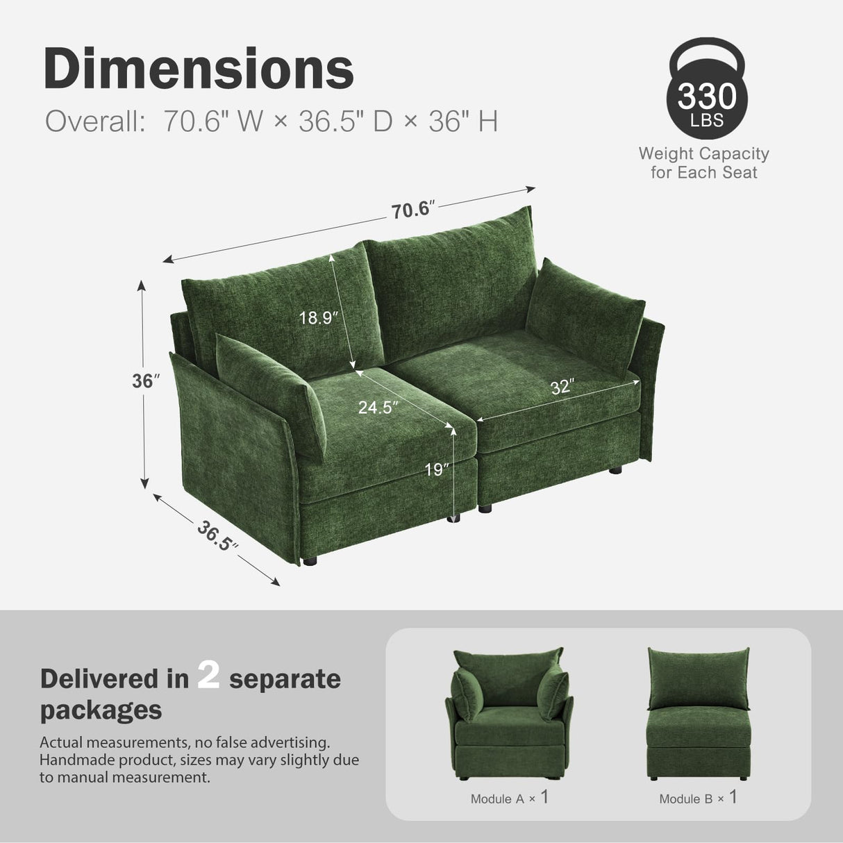 ABCASA Oversized Loveseat Sofa, Modern Modular Sectional Couch Green Fluffy Chenille Mid Century 2-Seat 24.5" Deep Seat for Apartment, Living Room, Bedroom ABCASA