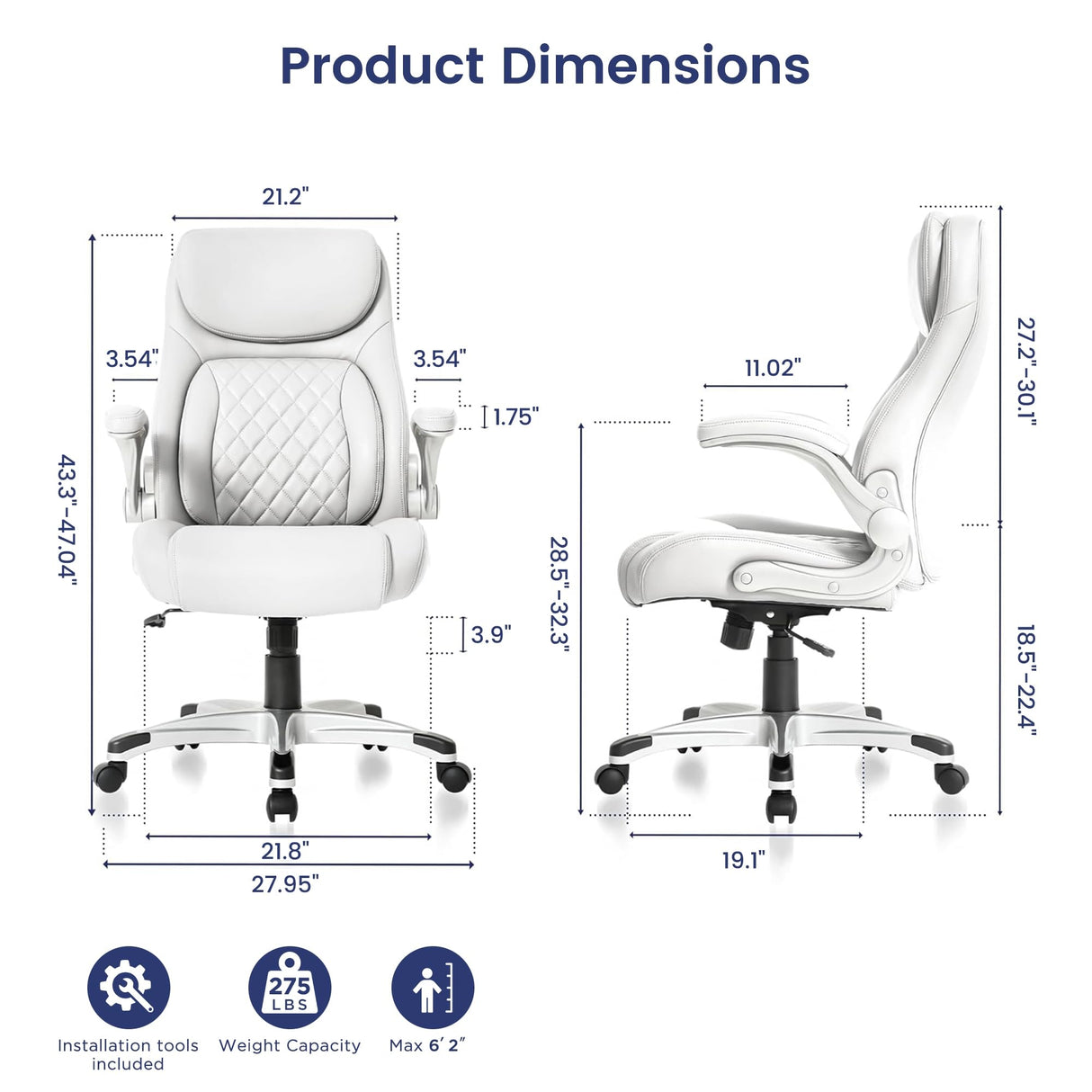 Nouhaus Ergonomic Office Chair Premium Microfiber Leather Adjustable Lumbar Support & Armrests, High Back Comfy Desk Gaming Chairs Executive Computer Swivel Chair Tilt Function(Posture,White) Nouhaus