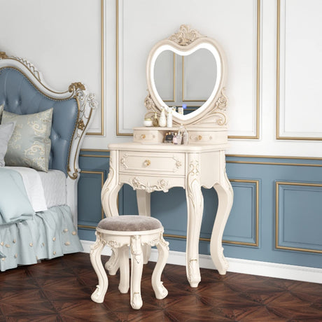 PUREUV Makeup Vanity with LED 3-Color Touch Light Mirror,Makeup Desk with Cushioned Stool,White Makeup Vanity with Storage for Women (Color : Heart Shaped Mirror, Size : 60cm/23.6") PUREUV