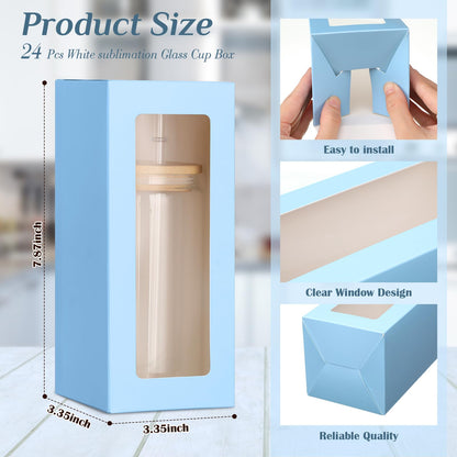 Honoson 24 Pcs Gift Boxes with Ribbon for Sublimation Glass Exhibition Boxes Transparent Gift Box for 12oz 16oz 20oz Drinking Glasses Jars Sublimation Glass Can Blanks Tumbler Gift Box(Light Blue)