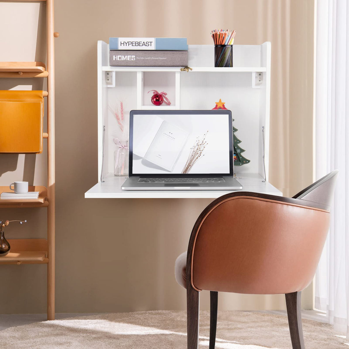 YUSING Wall Mounted Table, Multifunctional Fold Down Wall Mounted Laptop Computer Desk with Storage Compartments for Home, Office, White YU YUSING