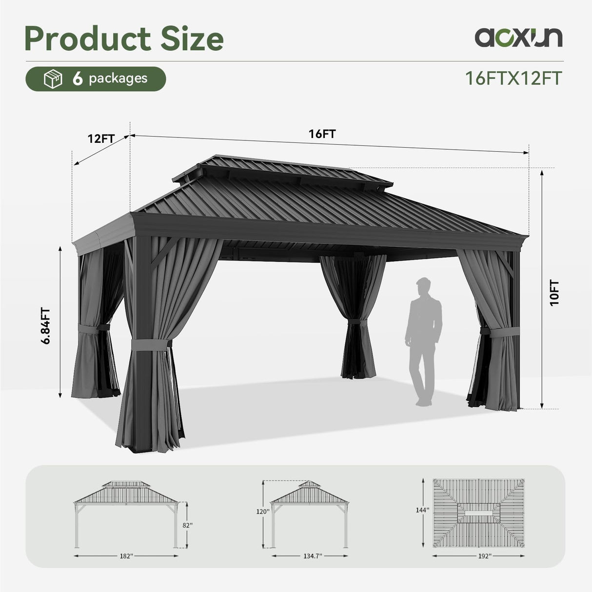 Aoxun 12' X 16' Permanent Hardtop Gazebo Aluminum Gazebo with Galvanized Steel Double Roof for Patio Lawn and Garden, Curtains and Netting Included, Grey Aoxun