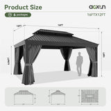 Aoxun 12' X 16' Permanent Hardtop Gazebo Aluminum Gazebo with Galvanized Steel Double Roof for Patio Lawn and Garden, Curtains and Netting Included, Grey Aoxun