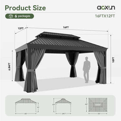 Aoxun 12' X 16' Permanent Hardtop Gazebo Aluminum Gazebo with Galvanized Steel Double Roof for Patio Lawn and Garden, Curtains and Netting Included, Grey