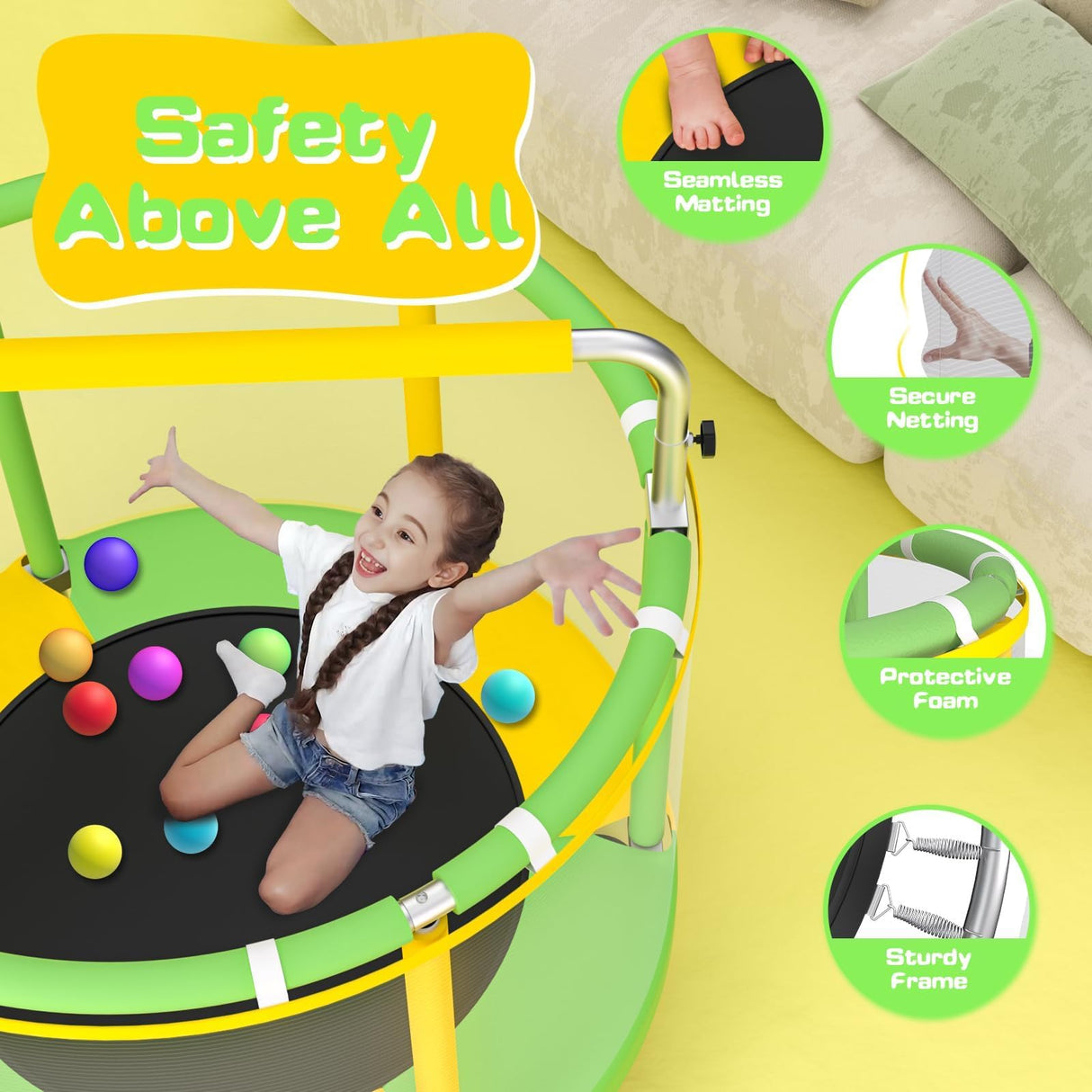 ZCMHAXJ 55" Trampoline for Kids with Enclosure, 440lbs Capacity Indoor & Outdoor Toddler Trampoline with Adjustable Gymnastics Bar & Toys, for Boys & Girls ZCMHAXJ