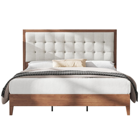 AMERLIFE Full Size Solid Wood Bed Frame with Tufted Headboard, Mid-Century Style, No Box Spring Required, Easy Assembly, Walnut AMERLIFE