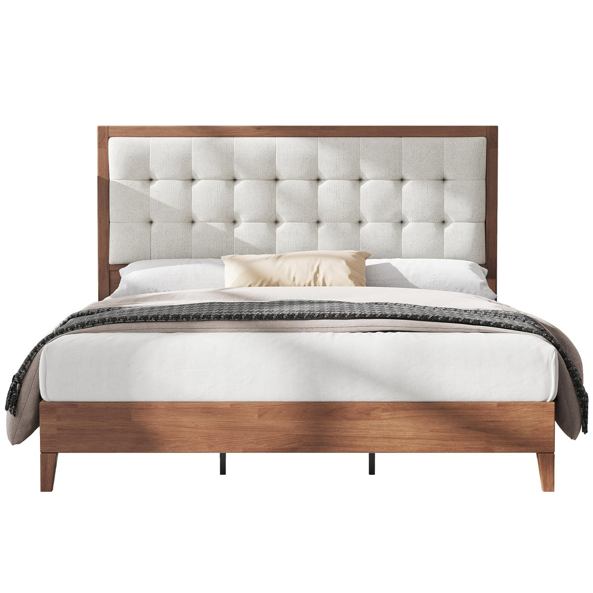 AMERLIFE Queen Size Solid Wood Bed Frame with Tall Tufted Headboard, Mid-Century Style, No Box Spring Required, Easy Assembly, Walnut AMERLIFE