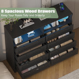 GarveeHome 55" W Black Dresser for Bedroom, 8 Drawer Dresser with Led Lights and Charging Station, Large Chest of Drawers Storage Organizer with Storage Shelves for Living Room, Entryway GarveeHome