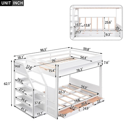 Harper & Bright Designs Convertible Full Over Full Futon Bunk Bed with Stairs, Drawers, and Built-in Shelf in White - WoodArtSupply