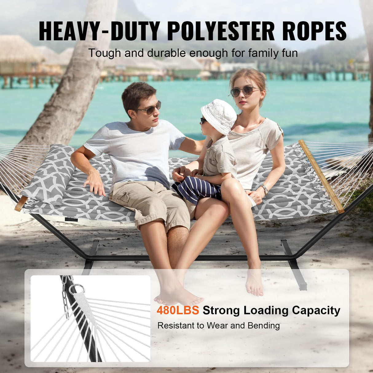 VEVOR Double Hammock with Stand Outdoor 2 Person Hammock for Outside Heavy Duty 480lb Large Free Standing Hammock Double Quilted Fabric Hammock with Portable Stand, Detachable Pillow & Bag VEVOR