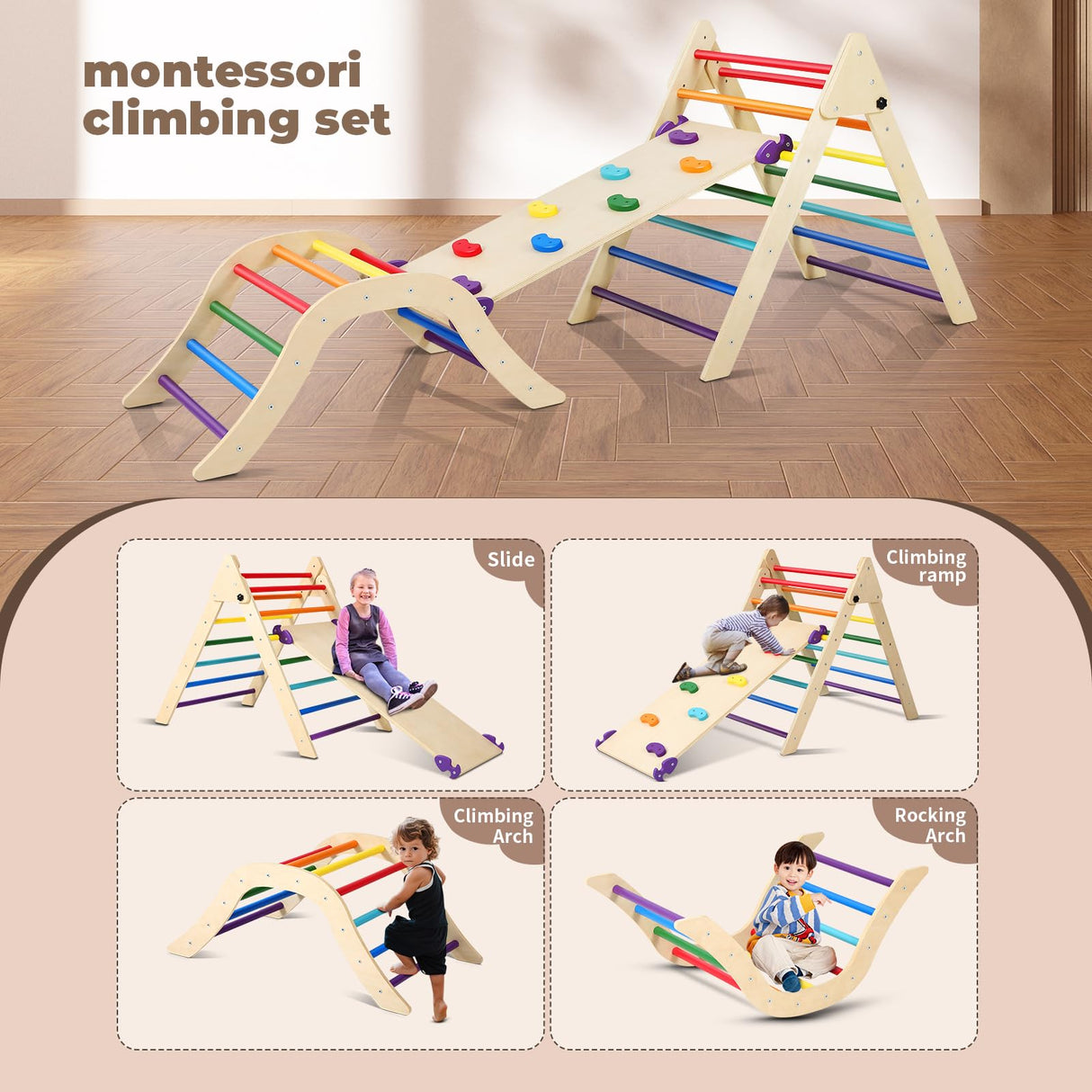Pikler Triangle Set with Cushion, 5 in 1 Foldable Montessori Climbing Set for Toddlers Age 1-6, Climbing Triangle Set with Slide and Climbing Ramp Toddler Indoor Playgrounds, Gift for Kids (Rainbow) GCCSJ