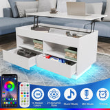 Lift Top Coffee Table with LED Light Morden Coffee Table with Storage High Gloss White Coffee Table for Living Room Tea Table with Storage Center Tables Hidden Compartment &2 Open Shelve &2 Drawers HOMMPA