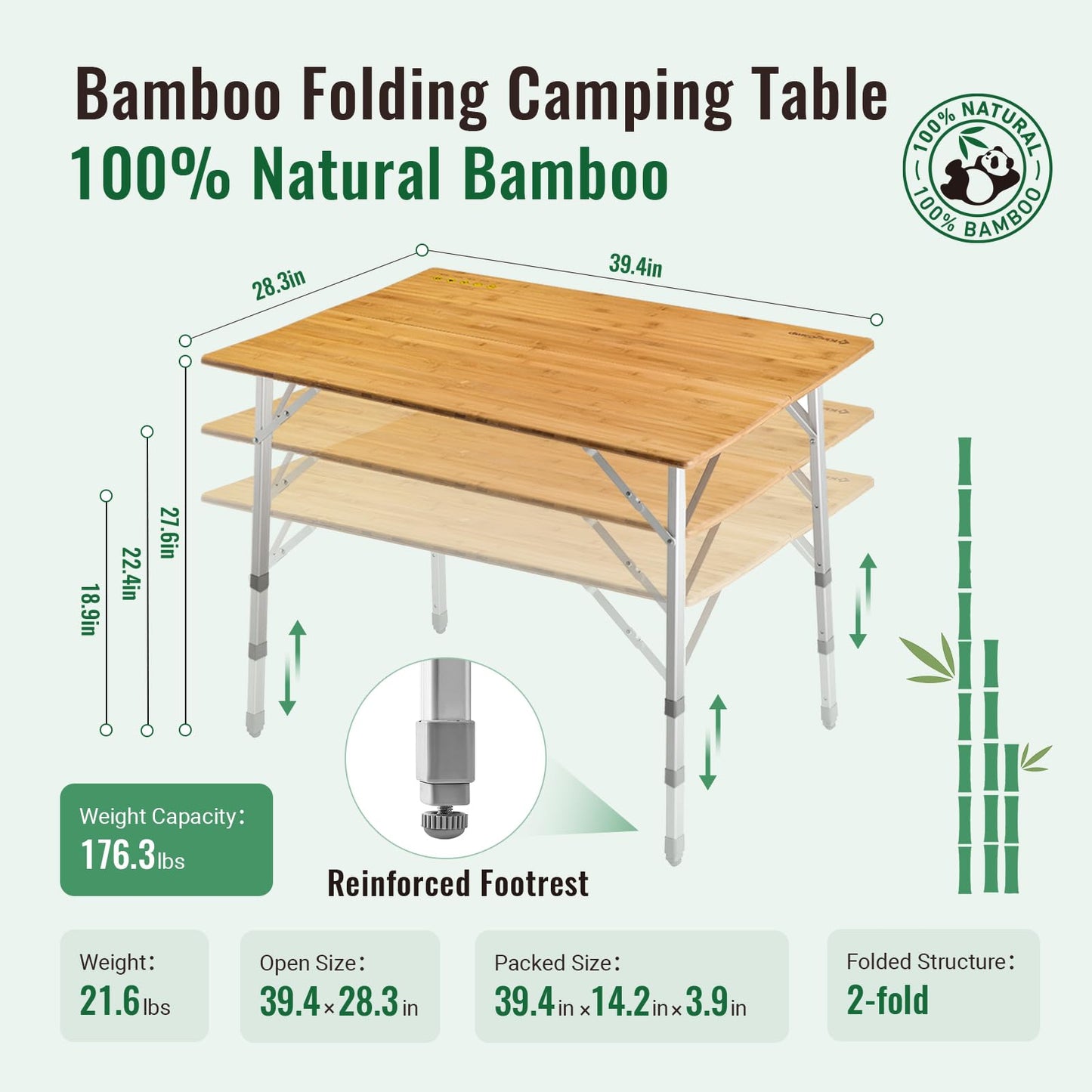 KingCamp Bamboo Folding Table Portable Camping Table Adjustable Height Camp Table 2-Folds for Travel, Picnic, Beach, Outdoor and Indoor, 4-6 People - WoodArtSupply