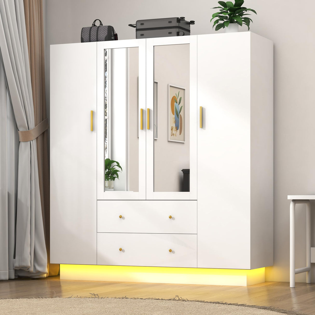 jiteentarou 4 Door Wardrobe Closet with Mirrors and LED Lights, Bedroom Armoire with Drawers and Shelves, Modern Wooden Armoire Wardrobe Closet with Hanging Rod for Bedroom, White jiteentarou