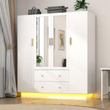 jiteentarou 4 Door Wardrobe Closet with Mirrors and LED Lights, Bedroom Armoire with Drawers and Shelves, Modern Wooden Armoire Wardrobe Closet with Hanging Rod for Bedroom, White jiteentarou