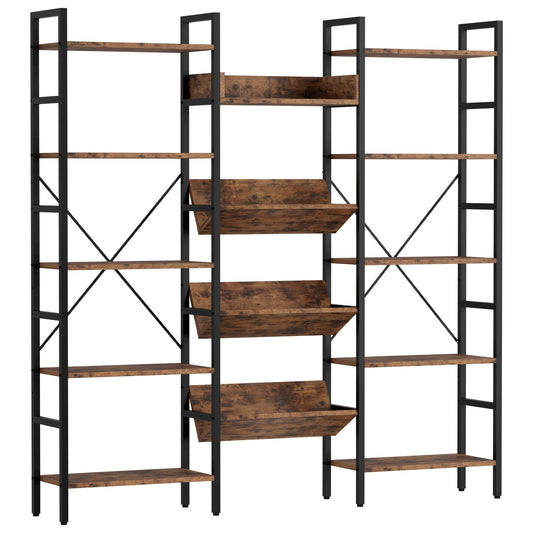 Triple Wide 5-Tier Industrial Style Bookshelf with Metal Frame and Open Shelves by IRONCK - WoodArtSupply