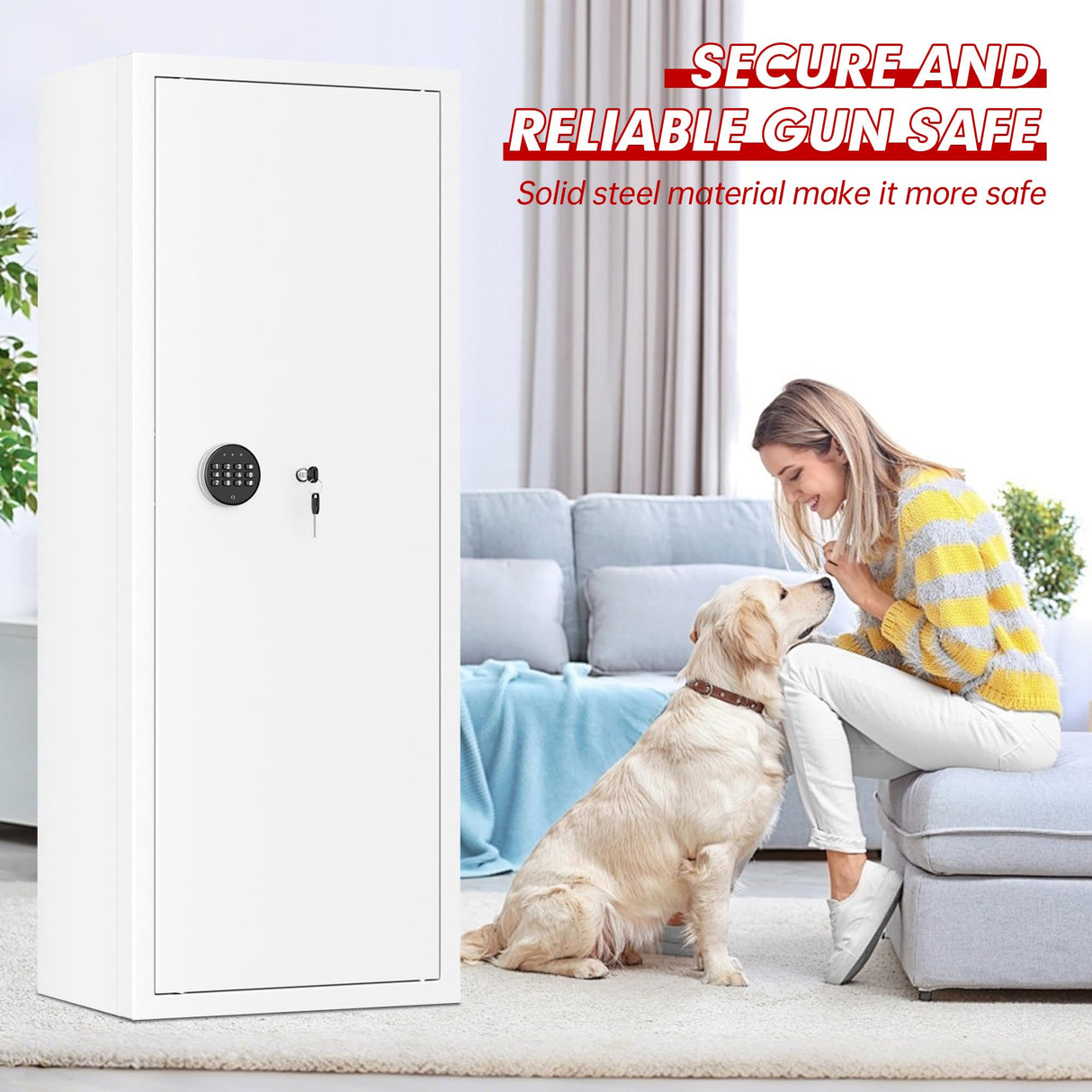 Superday 12-15 Rifle Gun Safe with Keyboard, Quick Access Large Gun Safe for Rifles, Locking Gun Cabinet Rifle Safe with Gun Safes Pockets and Adjustable Rifle Rack for Home, Office（White） Superday