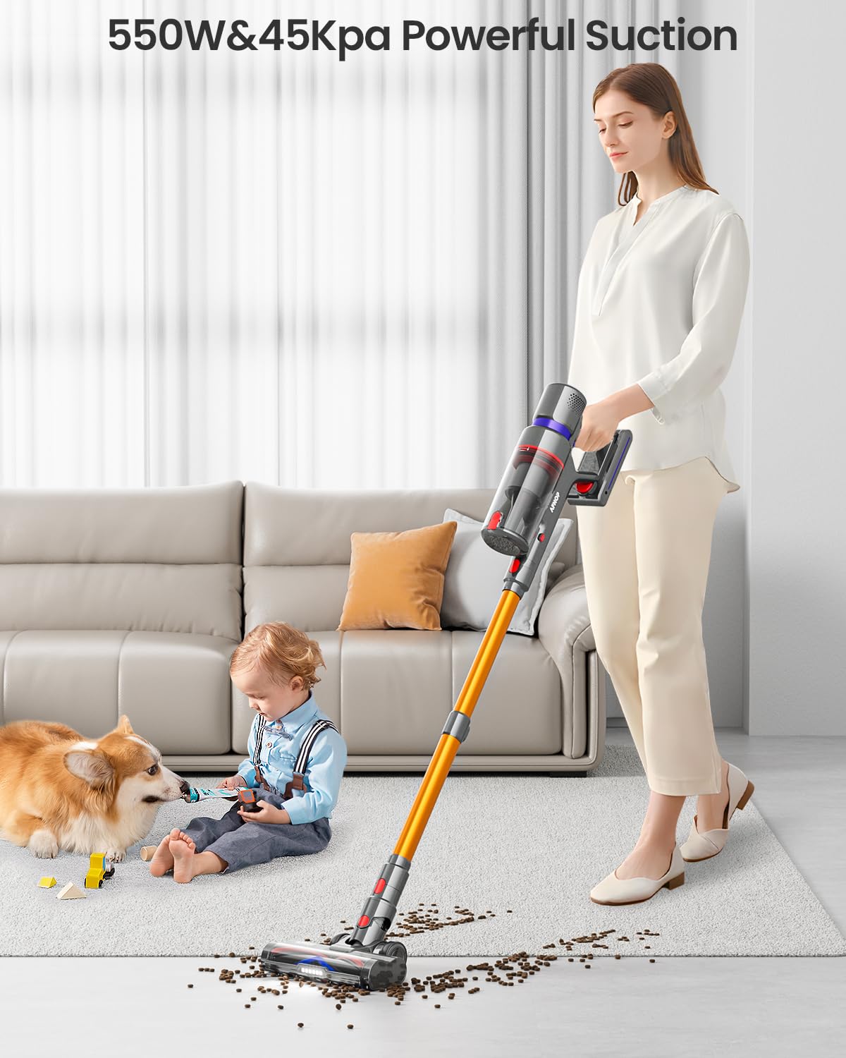 Cordless Vacuum Cleaner, 45Kpa 550W 65Mins Vacuum Cleaners for Home, Stick Vacuum with LED Touch Screen, Anti-tangle Wireless Vacuum, Rechargeable Cordless Vacuum for Pet Hair, Carpet, Hardwood Floor AFNOP