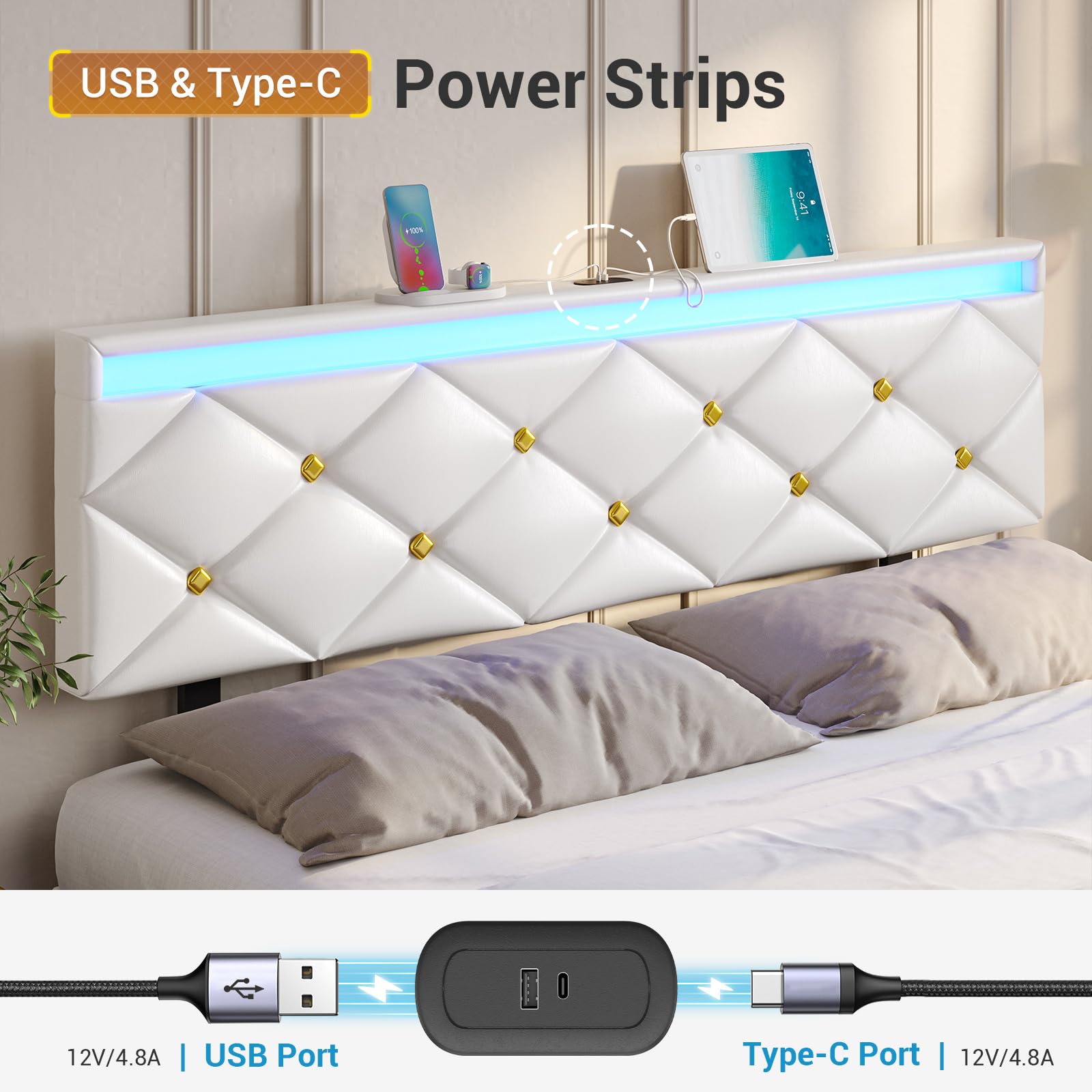 Hasuit Modern Floating Queen Bed Frame with LED Lights and Charging Station - WoodArtSupply