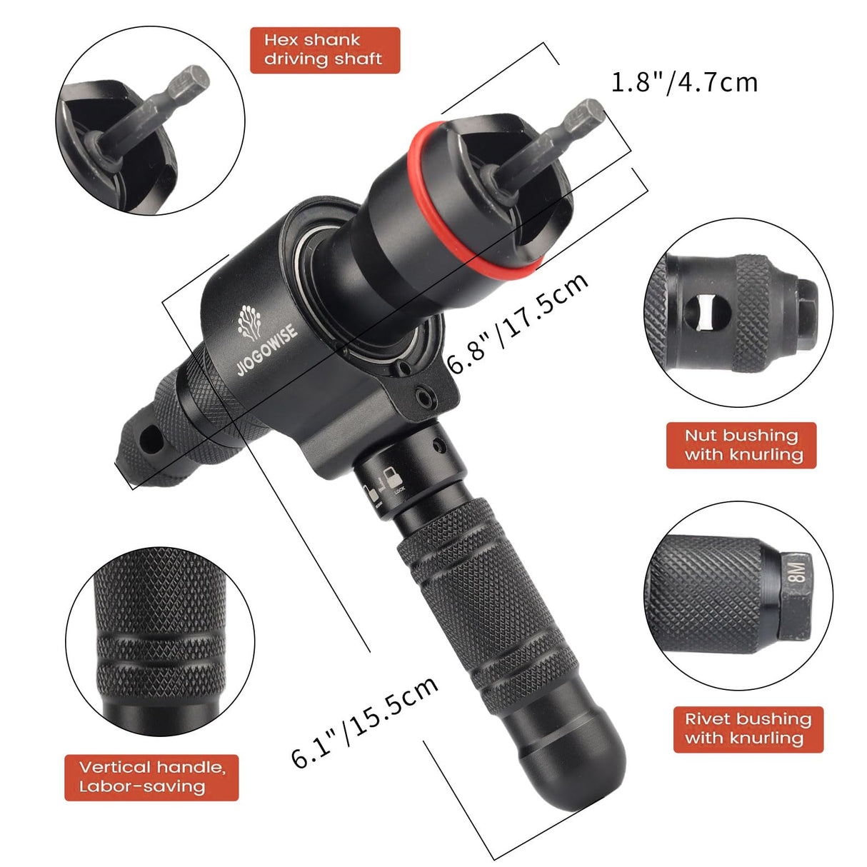 JIOGOWISE 2-in-1 Design Cordless Rivet Gun Adapter and Rivet Nut Adapter,Electric Drill Tools Accessory Kit with Carry Case,7 Metric Mandrels M3 to M12, 6 Rivet Heads 2.4mm to 6.4mm JIOGOWISE