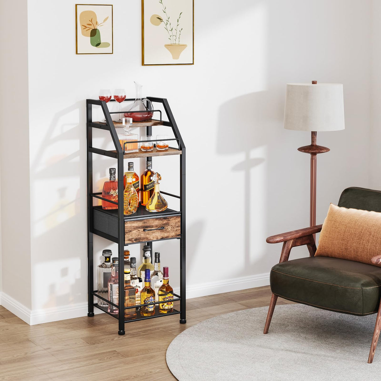 HapiRm Wine Rack Freestanding Floor - 4-Tier Stepped Liquor Cabinet Bar Stand for Home with Fabric Drawer, Wine & Glass Organizer for Living Room, Kitchen, or Dining Room HapiRm